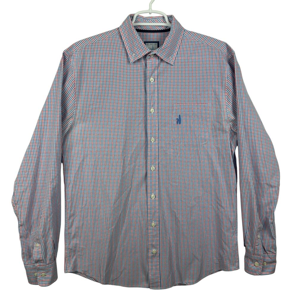 Men's Johnnie-O Red Blue Mini Gingham Plaid Long Sleeve Button Up Casual Shirt M